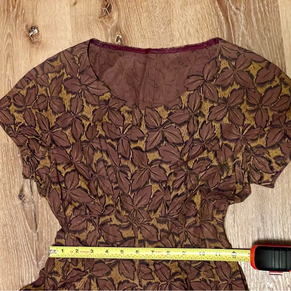 1950’s vintage brown gold fall leaves dress retro full circle skirt XS VLV pinup - Picture 9 of 11